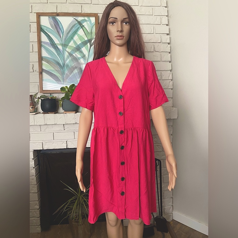 Reitmans dress Medium pink v neck midi short sleeves loose fit button front